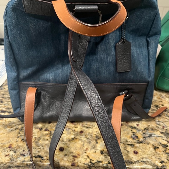 Coach Denim and Navy Leather Turnlock Backpack - Picture 7 of 10